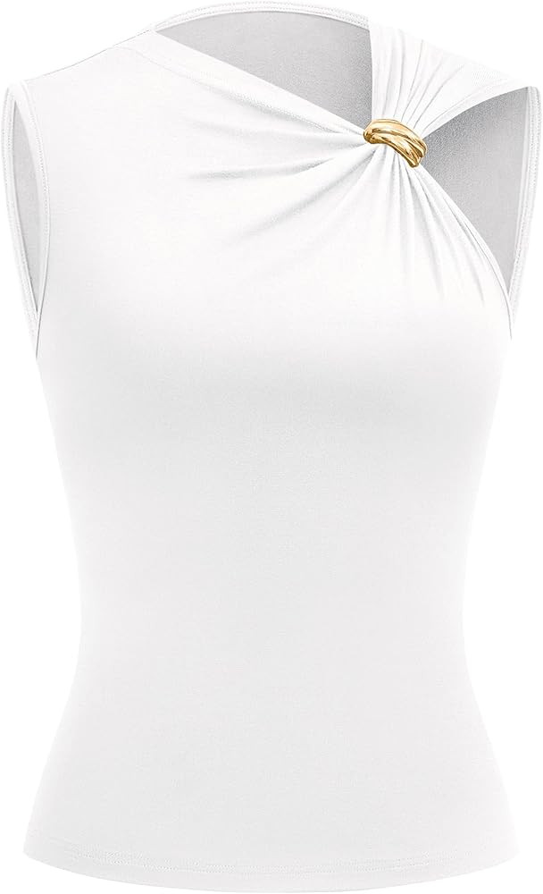 BTFBM Spring Tops for Women 2026 Asymmetrical Neck Sleeveless Going Out Summer Outfits Casual Ruc... | Amazon (US)