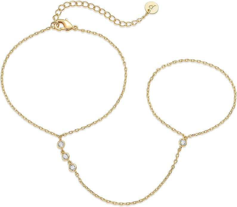 PAVOI 14K Yellow Gold Plated Hand Chains Bracelet for Women | Dainty Cubic Zirconia Bracelet and ... | Amazon (US)