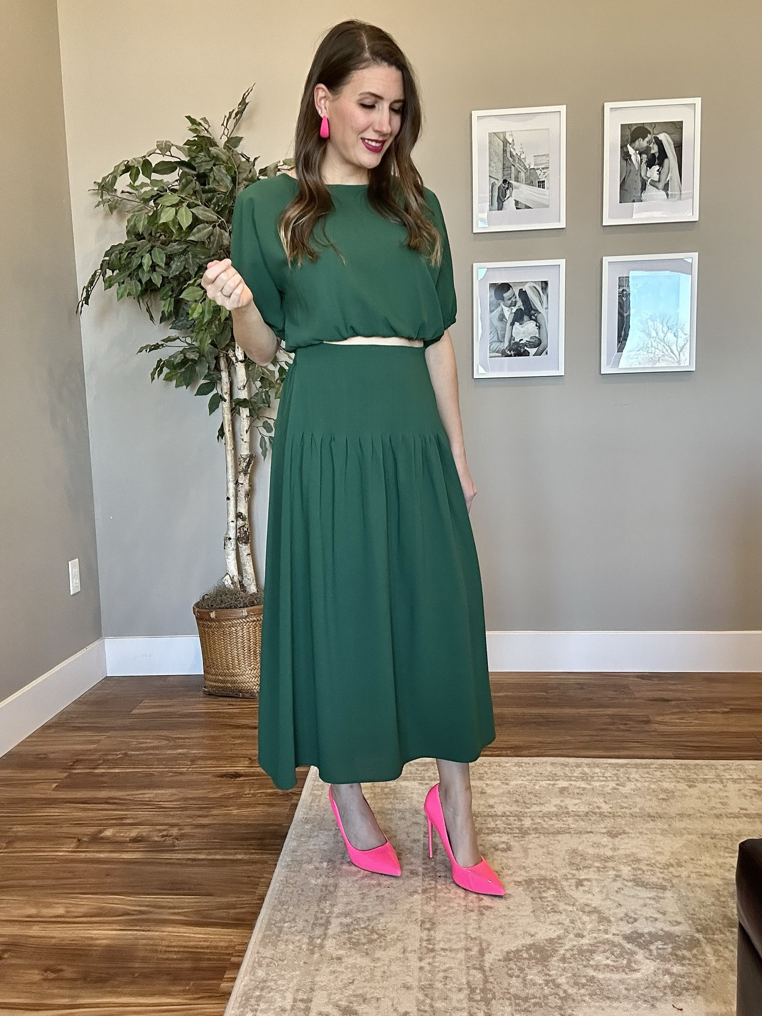 Green two piece dress set + pink accents! Love these two colors together. 

Valentines outfit, date night outfit, spring outfit, wedding guest outfit

#LTKwedding #LTKfindsunder50 #LTKSeasonal