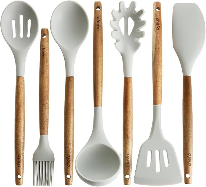 Silicone Cooking Utensils | Wooden Handle, Non-Stick Cookware Heat Resistant Kitchen Utensil Spat... | Amazon (US)