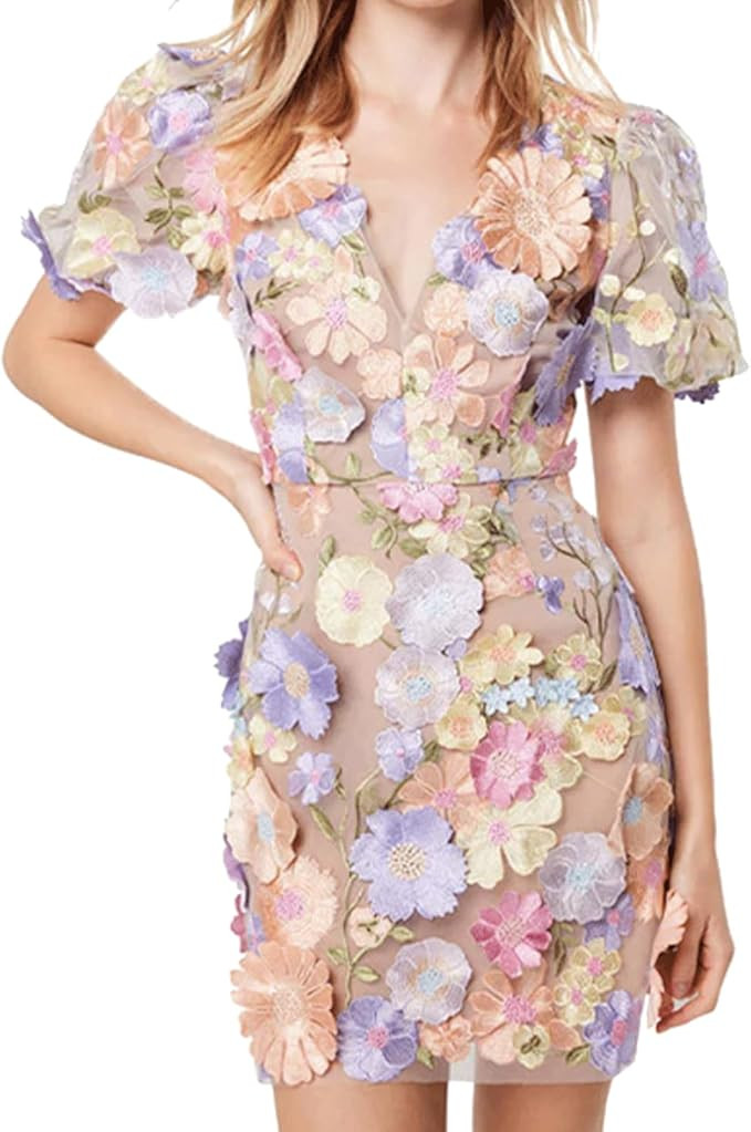 V-Neck Sexy Embroidered Dress Bodycon Mini Dress Three-Dimensional Flower Hip-Wrapped Lantern Sle... | Amazon (US)