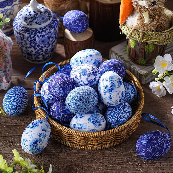 24 Pcs Easter Hanging Eggs Chinoiserie Blue and White Egg Tree Ornament Chinoiserie Decoration Fa... | Amazon (US)