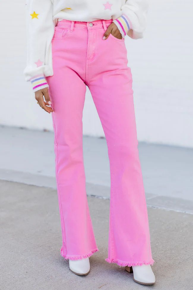Tatum Bubble Gum Pink Frayed Hem Flare Jeans | Pink Lily