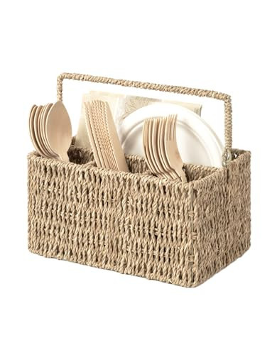 StorageWorks Wicker Flatware Organizer, Hand Woven Seagrass Cutlery Holder for Countertop with Handle, 1 Pack | Amazon (US)
