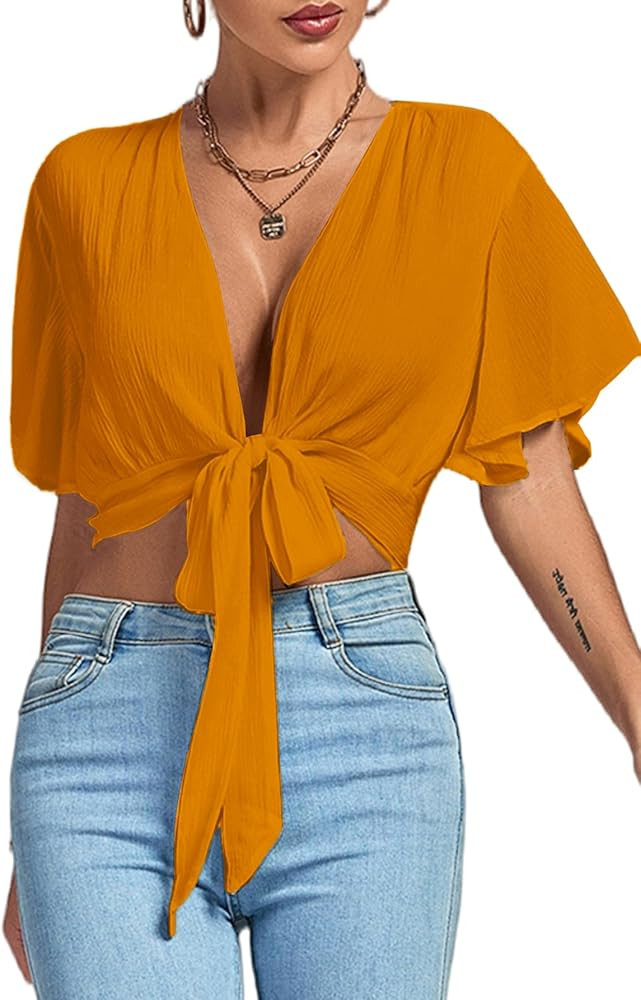 LYANER Women's Deep V Neck Tie Front Knot Wrap Ruffle Short Sleeeve Crop Top Blouse | Amazon (US)