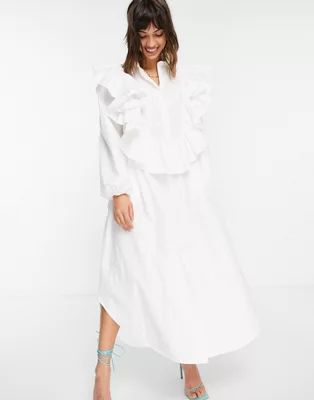 ASOS EDITION oversized shirt dress with ruffle detail in white | ASOS (Global)