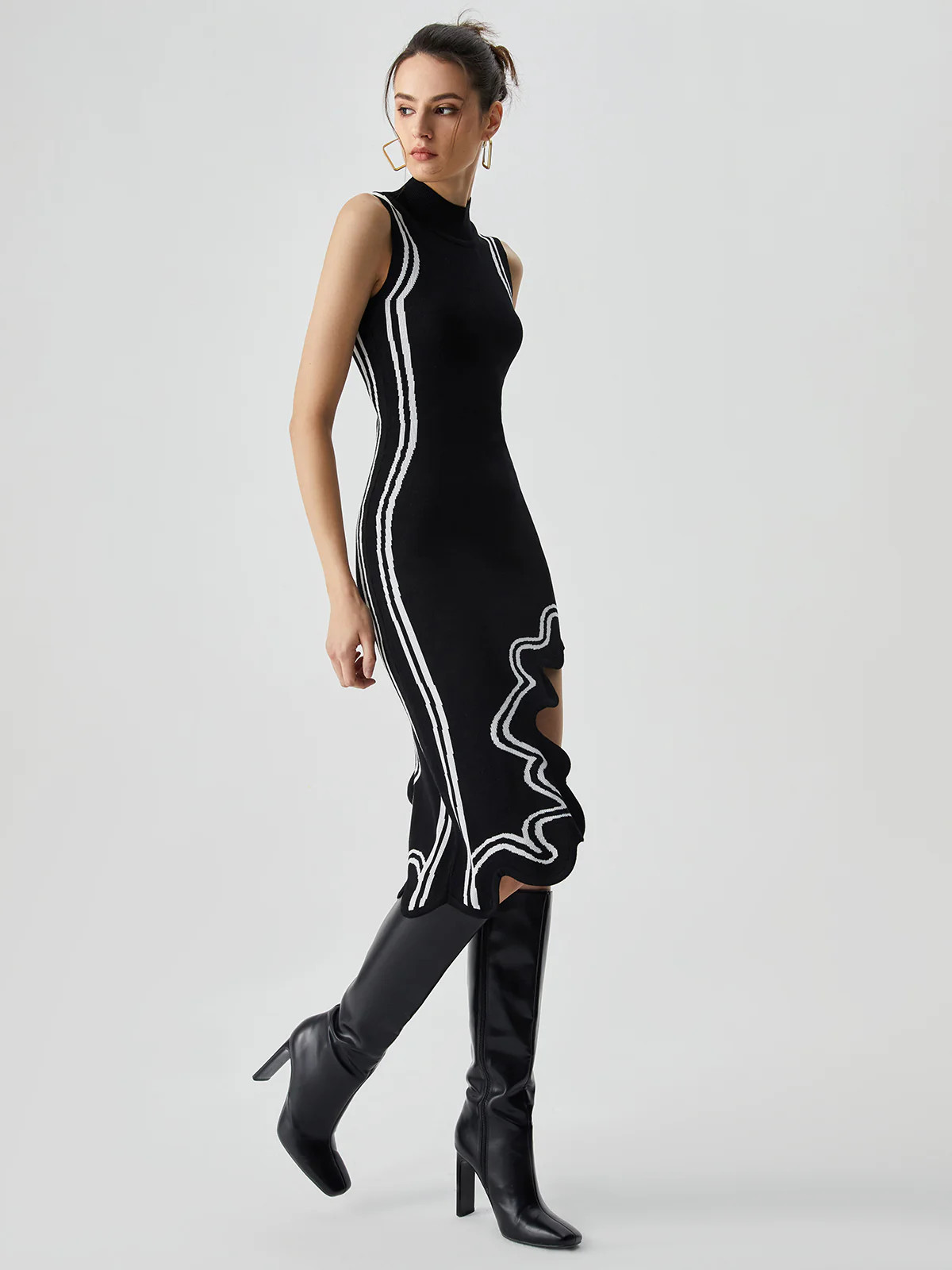 Knit Asymmetric Contrast Trim Mock Neck Midi Dress | Commense