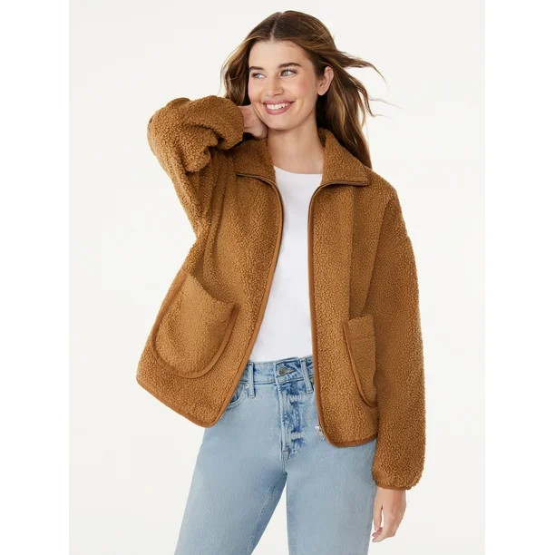 Free Assembly Women's Patch Pocket Mixy Teddy Fleece Jacket, Sizes XS-XXL - Walmart.com | Walmart (US)