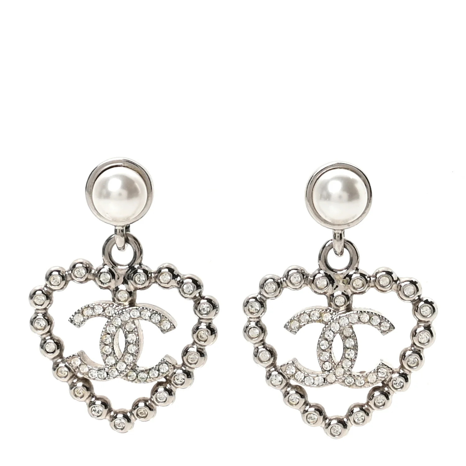 Pearl Crystal CC Heart Drop Earrings Silver | FASHIONPHILE (US)