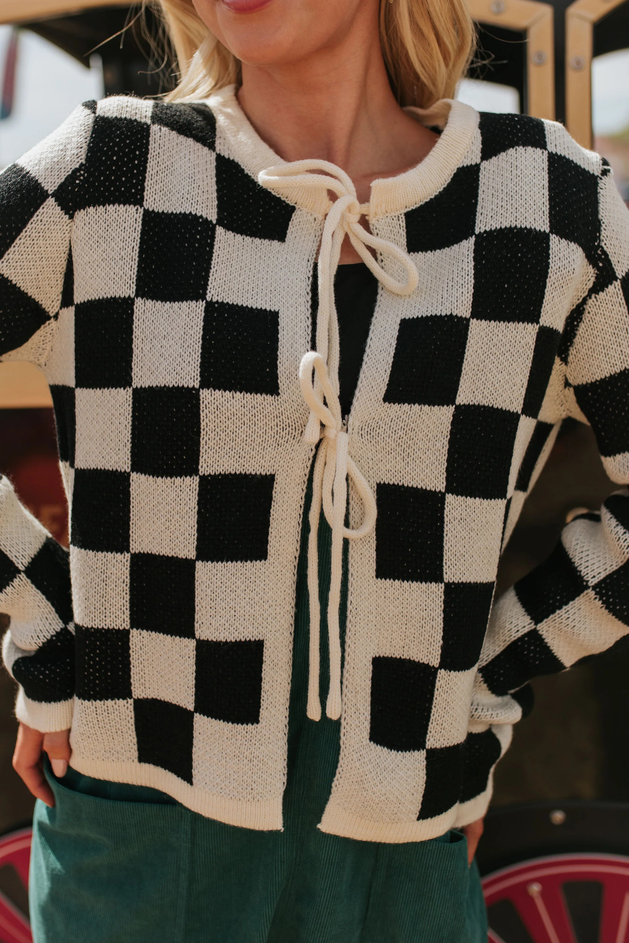 THE CAYLA CHECKERED TIE FRONT CARDIGAN IN BLACK | Pink Desert