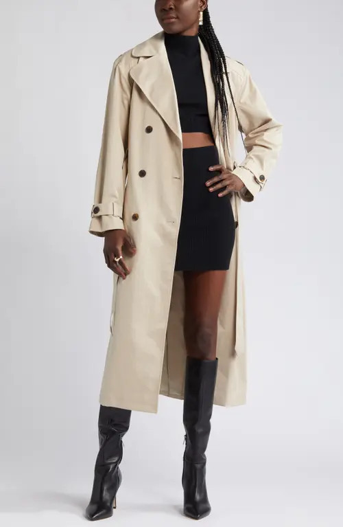 Open Edit Belted Trench Coat in Tan Oxford at Nordstrom, Size Medium | Nordstrom