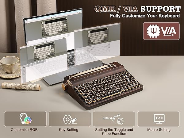 YUNZII QL75 Wireless Typewriter Hot Swap Retro Mechanical Keyboard,Punk Round Keycaps,RGB Backlit QMK/VIA Programmable, Multi-Device Keyboard with 2.4GHz/Type-C/BT5.0 (Wood, Onyx Switch) | Amazon (US)
