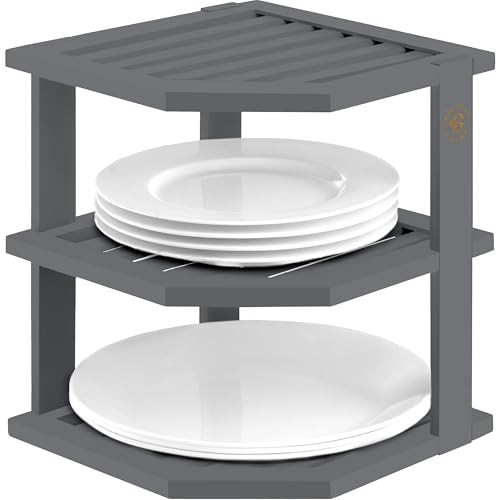 Cabinet Organizer Shelf - Bamboo Corner Rack for Kitchen Counter, Cabinet Space Saver for Plates, Dishes, Bowls, Bread Pantry, Bathroom Storage or Countertop Stand, Grey | Amazon (US)