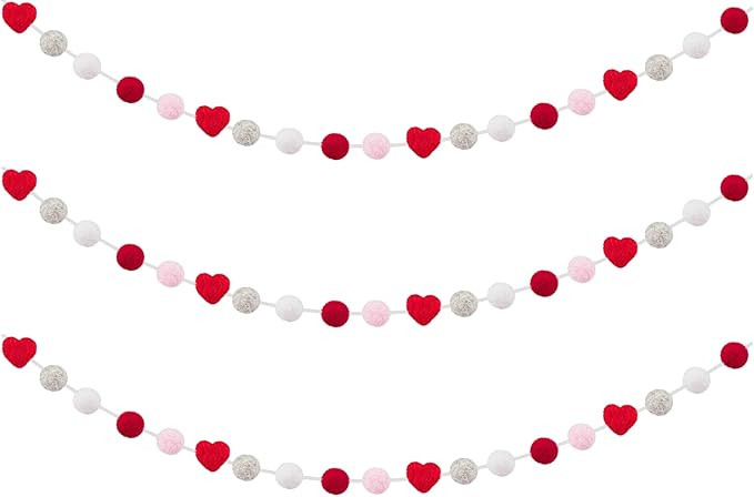 3 Pcs Valentine's Day Felt Ball & Heart Garlands- Grey, White & Red Felt Pom Pom and Felt Heart H... | Amazon (US)