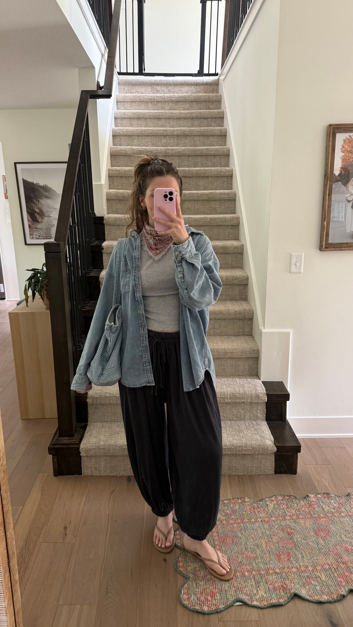 wearing a small in grey tee, such a comfy basic! small in joggers, love how these fit (also linked a look for less!) Sized up in button down for a more oversized fit, medium! Versatile for spring weather and a neck scarf for fun color! 

Spring outfit, mom outfit, postpartum  

#LTKmomlife #LTKootd