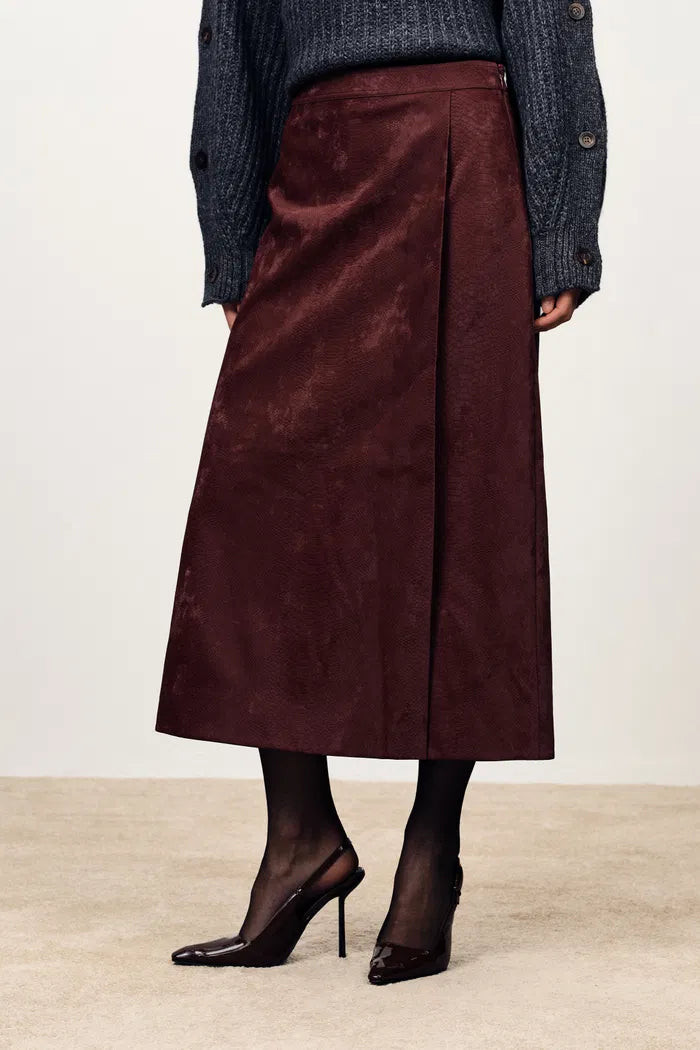 Scirocco Burgundy Midi Skirt in Faux Snake Skin Leather | Fabrique