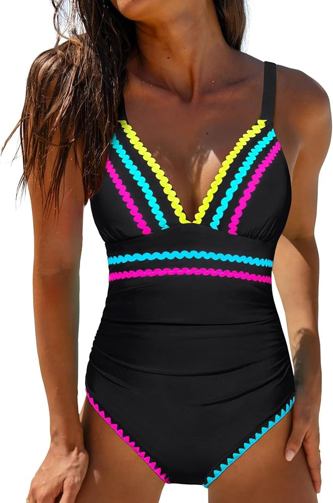 popvil Women’s One Piece Swimsuit 2026 Tummy Control Bathing Suit Modest Neon Swim Suit Deep V ... | Amazon (US)