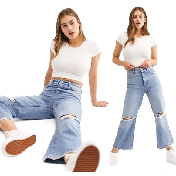 Free People We The Free Ranger Wide Leg Cropped Ripped Jeans, Sky - Size 28 | Poshmark