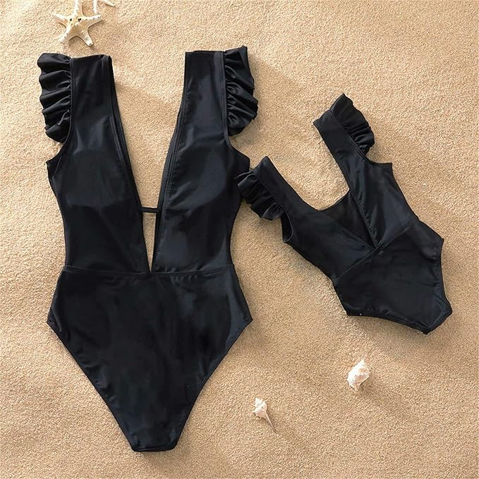 IFFEI Family Matching Swimsuits One Piece Monokini Set Solid Ruffled Matching Swimwear Mommy and ... | Amazon (US)