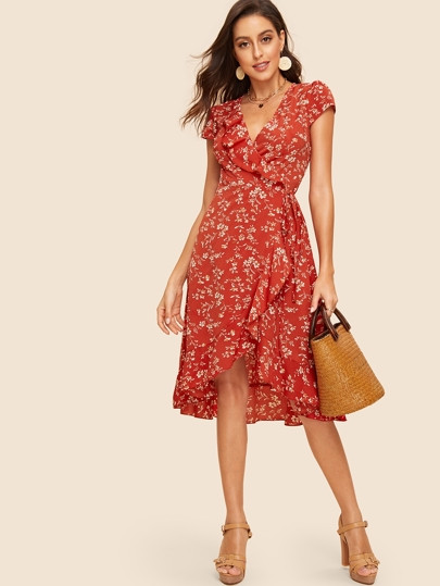 SHEIN 60s Botanical Print Ruffle Trim Surplice Dress | SHEIN