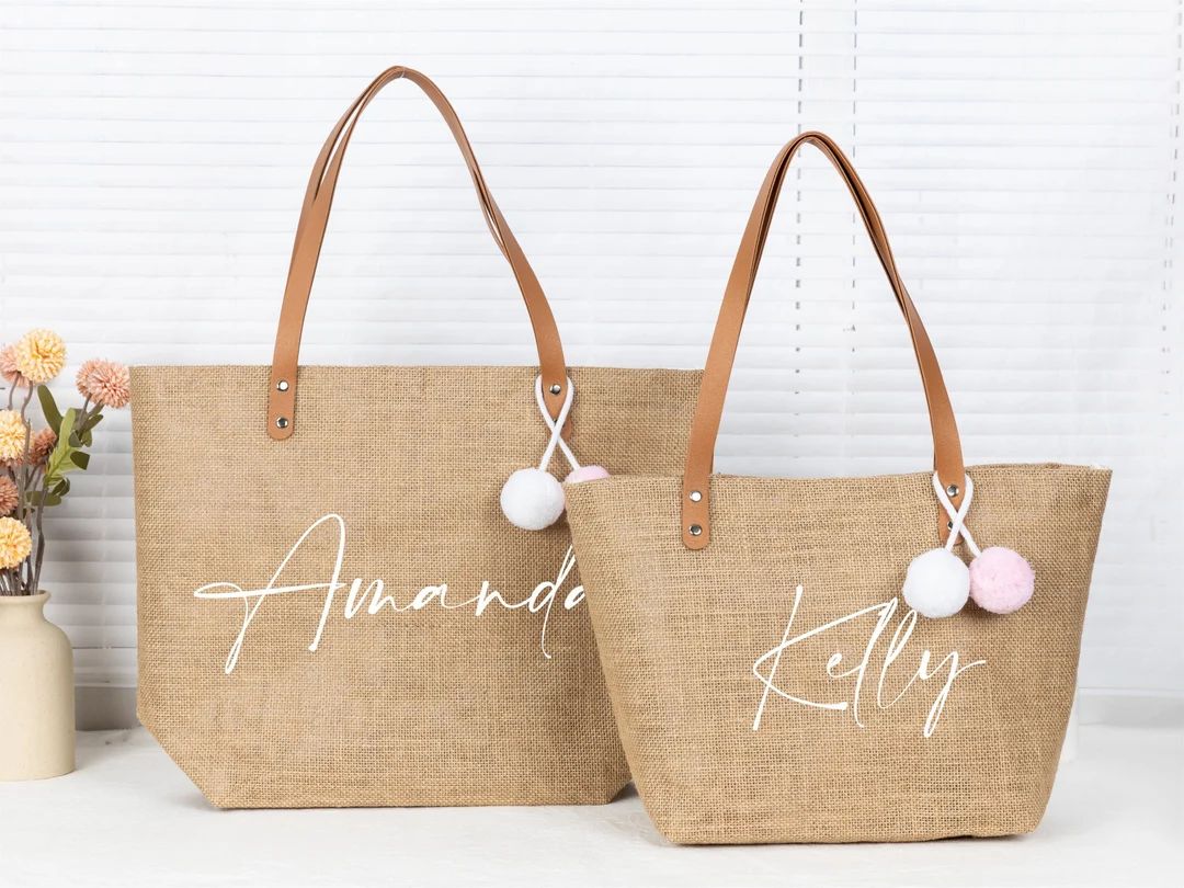 Bridesmaid Tote Bags, Personalized Beach Bag, Jute Bags Custom Bridal Party Bridesmaid Gifts, Mai... | Etsy (US)