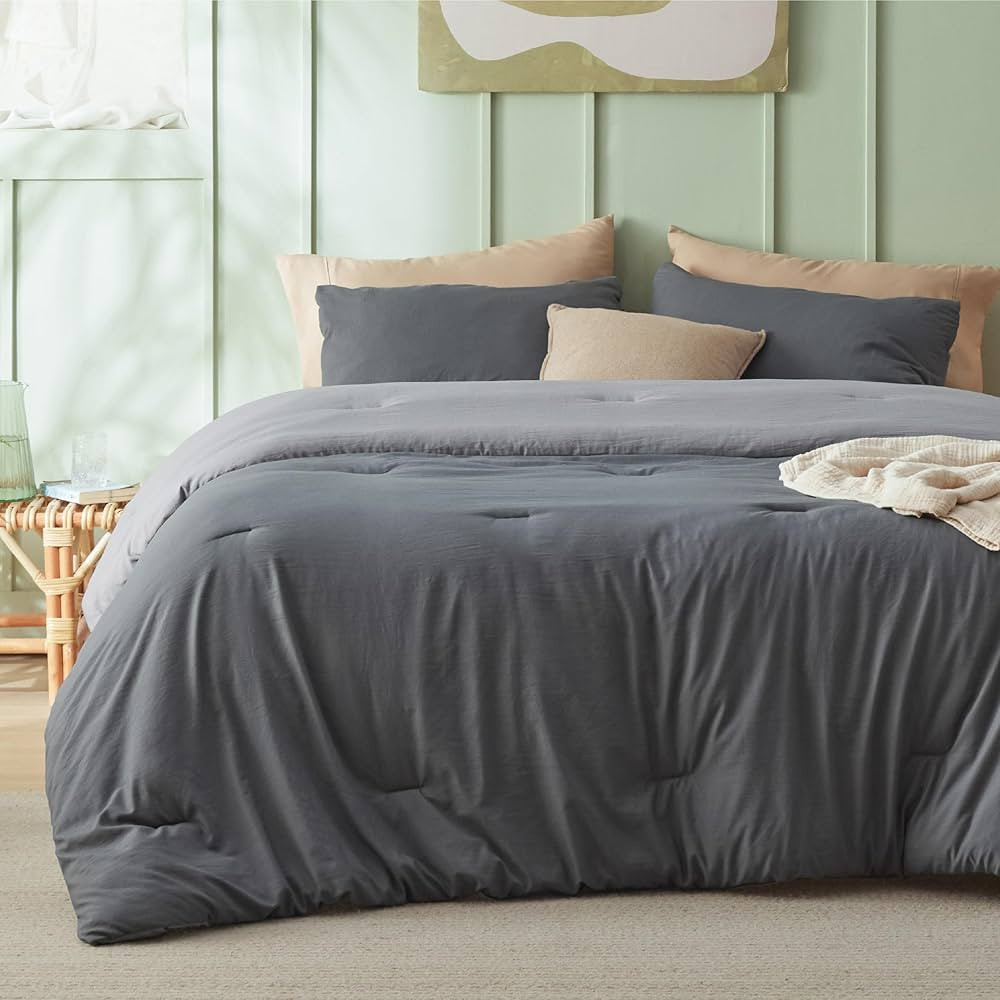 Bedsure King Comforter Set, Grey Reversible Prewashed Dorm Bed Set for All Seasons, 3 Pieces Soft... | Amazon (US)