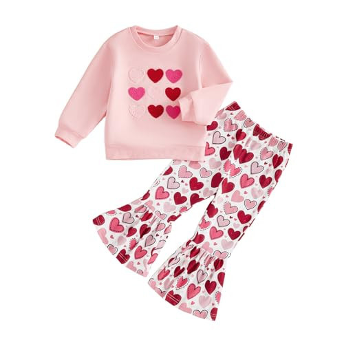 Mieeyali Toddler Girls Valentines Day Outfit Shirt Heart Sweatshirt Bell Bottoms Ruffle Top Flared Pants Set (Pink Heart N, 3-4T) | Amazon (US)