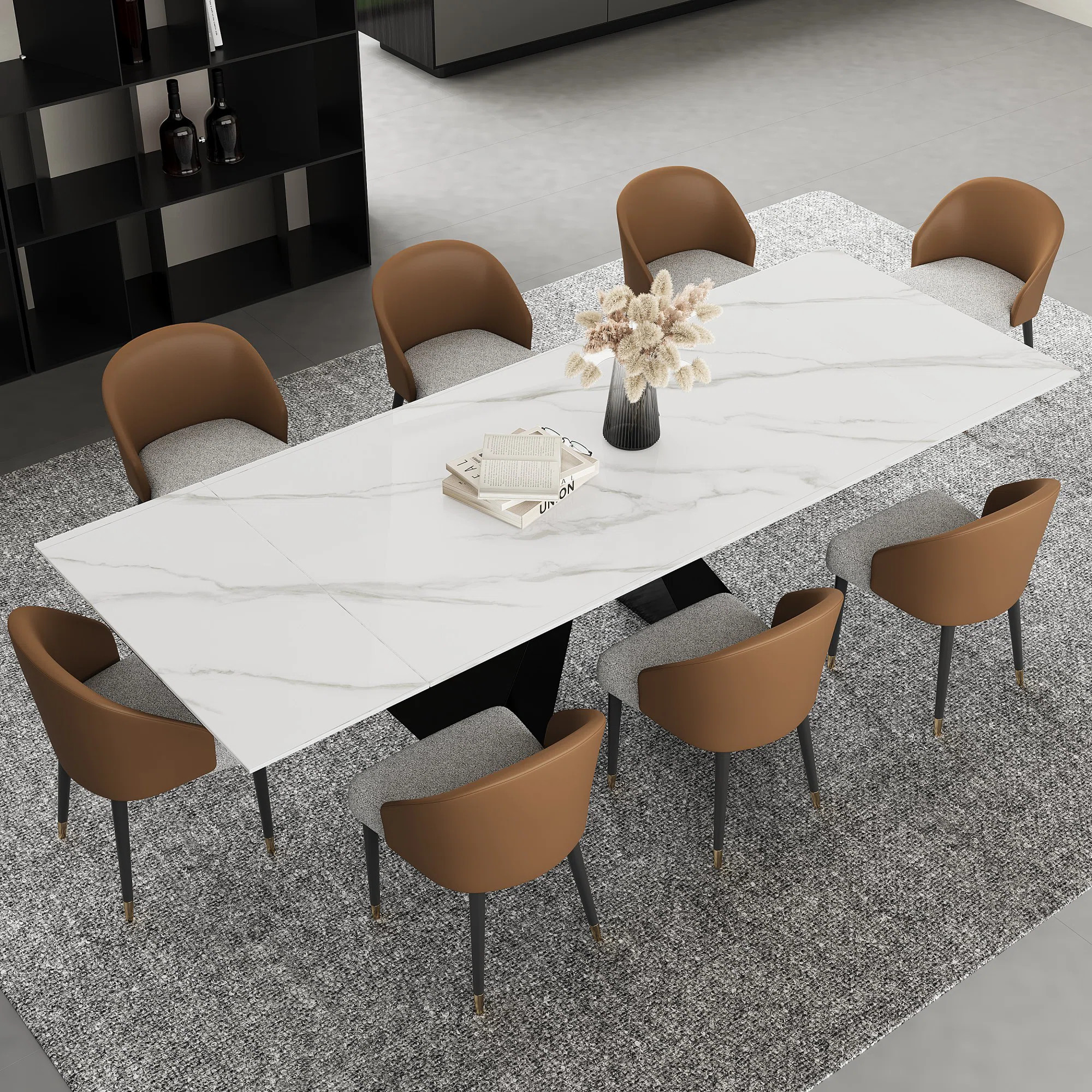 9 - Piece Marble Dining Table Set with 110” Rectangular Extendable Sintered Stone Top 8 Leather... | Wayfair North America