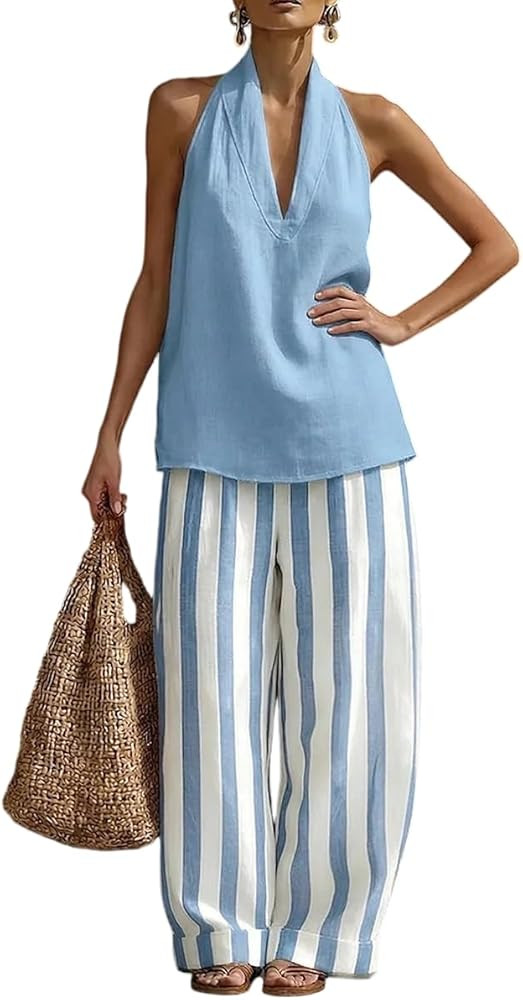 Women's Halter V-Neck Top & Striped Wide Leg Pants Set, 2-Piece Casual Summer Outfit, Sleeveless ... | Amazon (US)