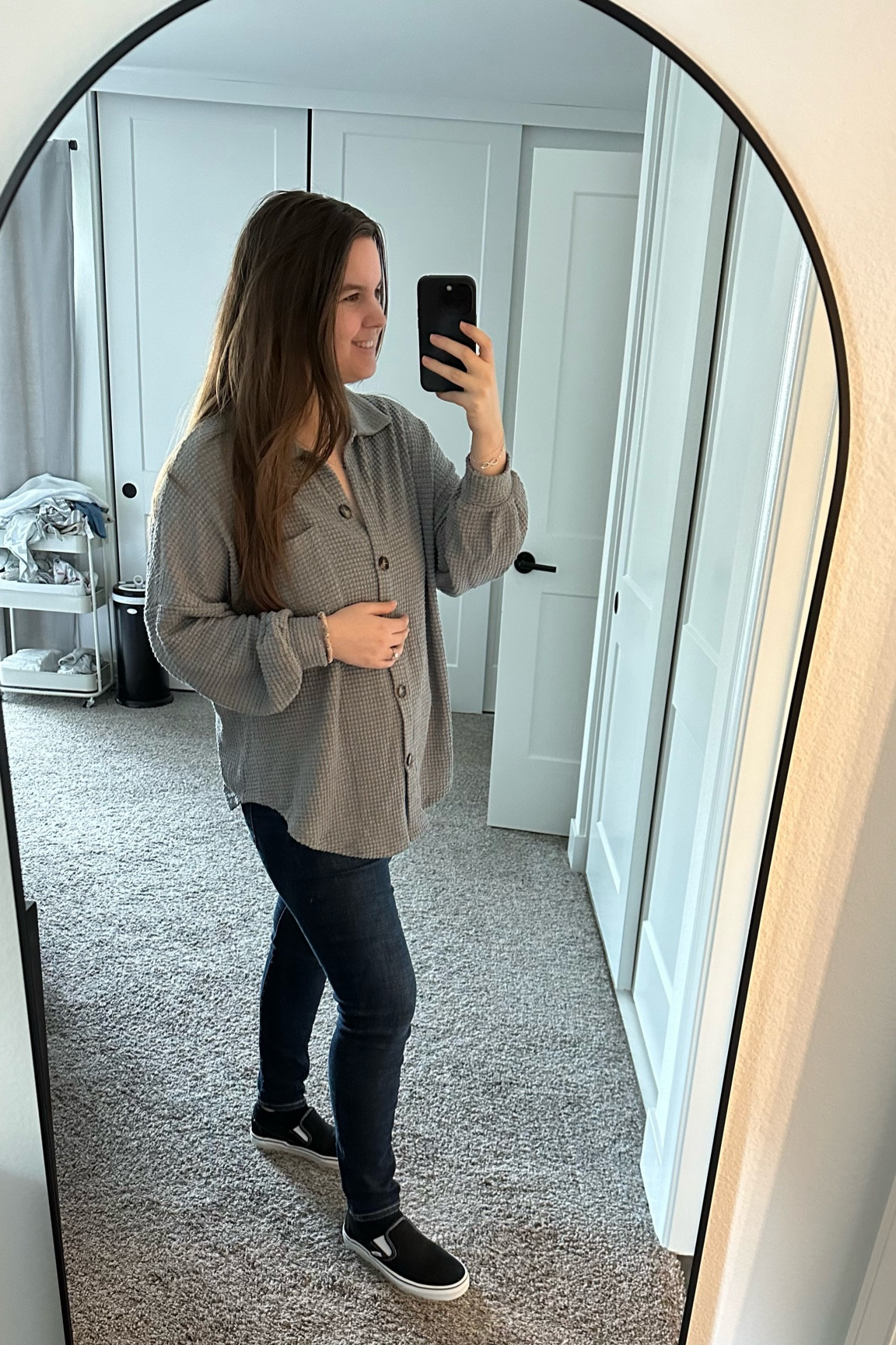 Latest Amazon finds are this black arched mirror and gray lightweight button up. This top is bump friendly and perfect for postpartum as well  

#LTKbump #LTKhome