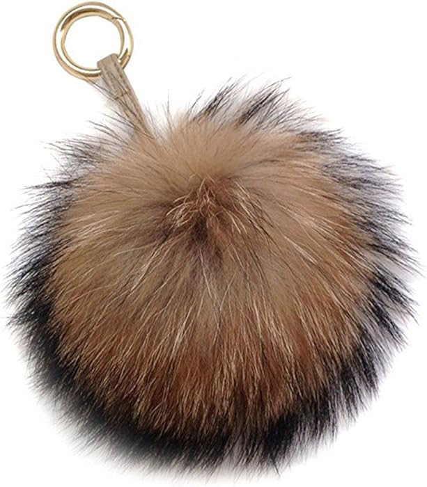 6" Large Fluffy Genuine Pom Pom Keychain Puffy Ball Car Keyring/Bag Purse Charm (Natural brown) | Amazon (US)
