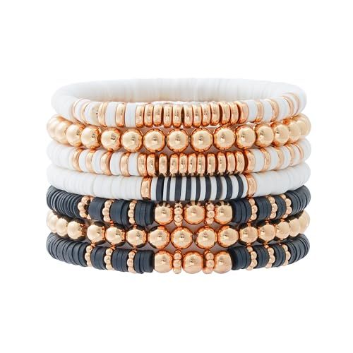 Pychee Surfer Heishi Bracelets Set for Women Stackable Gold Clay Ploymer Bead Stretch Bracelets Summer Beach Layering Black Bracelets Jewelry (A-7pcs black&new) | Amazon (US)