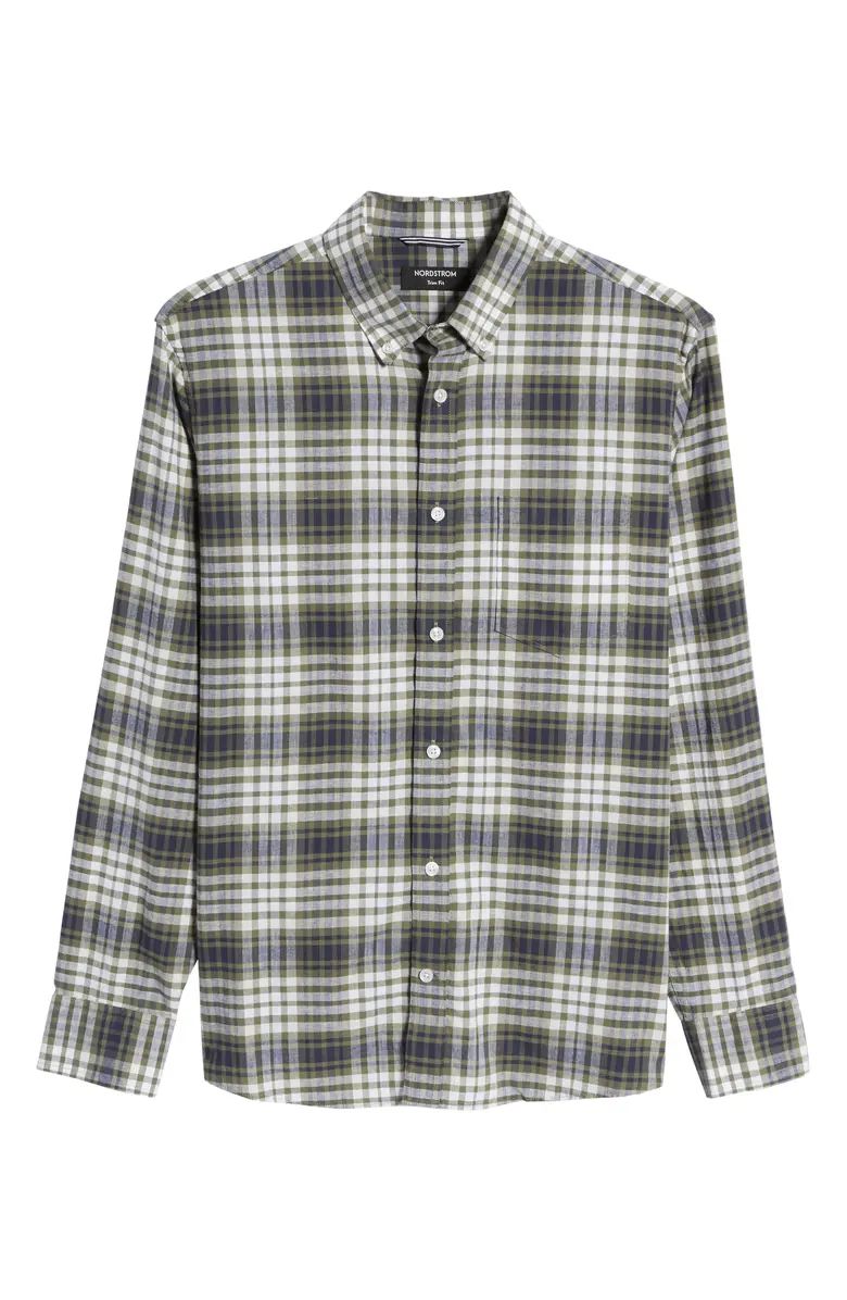 Trim Fit Plaid Stretch Cotton & Linen Button-Up Shirt | Nordstrom