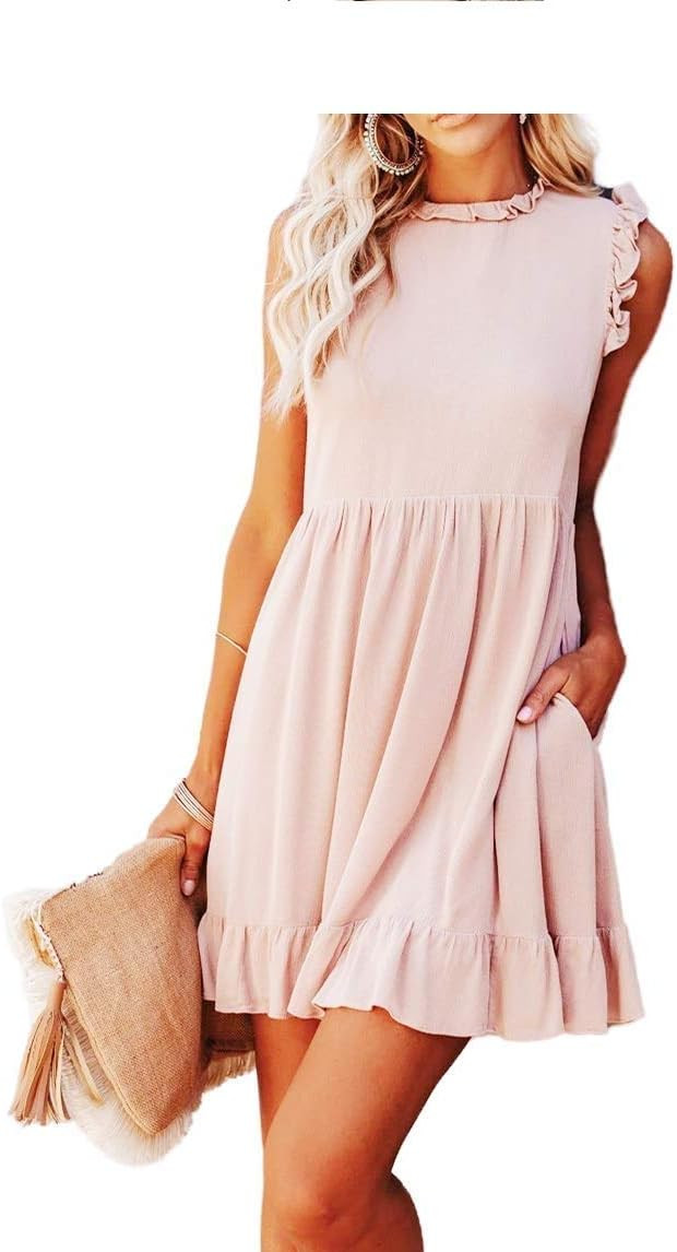 N\C Women's Solid Color Casual Loose Dress Sleeveless Round Neck Ruffled Babydoll Dress | Amazon (US)