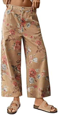 Flamingals Floral Print Wide Leg Cropped Pants for Women Trendy Mid Rise Boho Ankle Cute Jeans | Amazon (US)