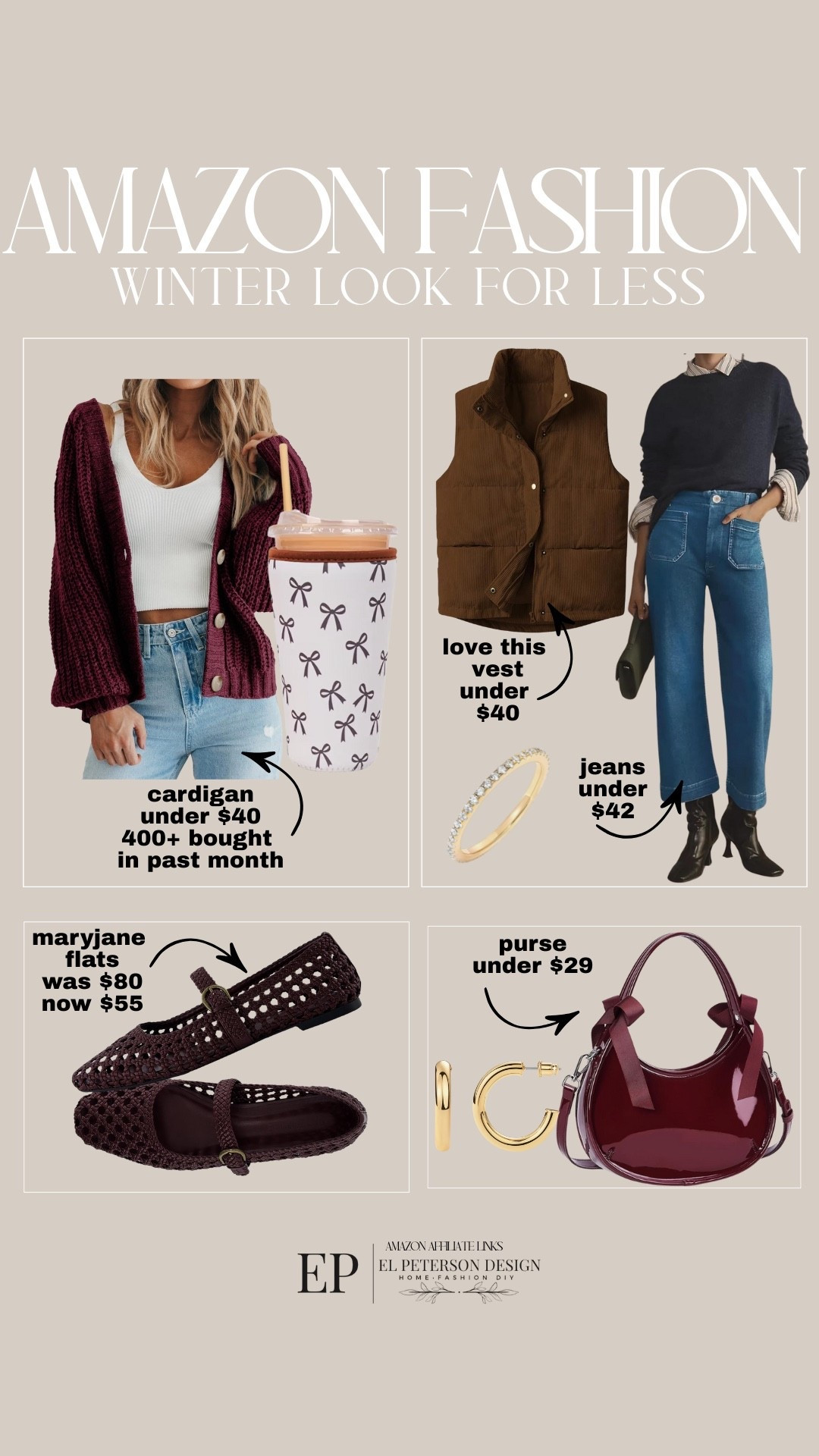 Amazon
 Look for Less
Cardigan
Vest
Jeans
Reusable insulated cup 
Maryjane flats
Purse
Ring
Earrings 

#LTKFindsUnder50 #LTKFindsUnder100
