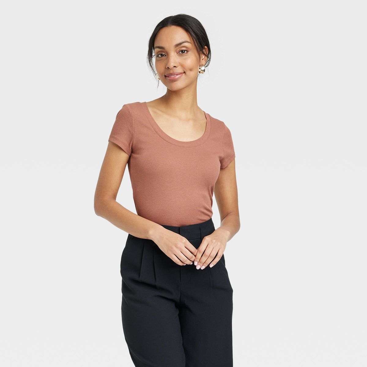 Women's Slim Fit Short Sleeve Ribbed Scoop Neck T-Shirt - A New Day™ Brown L | Target