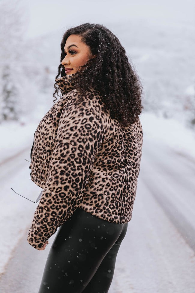 Make You Believe Brown Cropped Animal Print Puffer Jacket FINAL SALE | Pink Lily