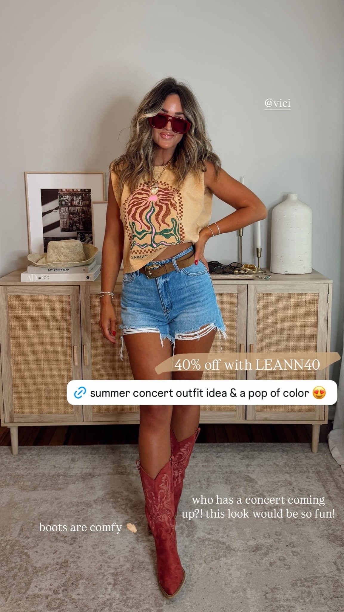 40% off with LEANN40 if expired use code LEANN35 ✨ country concert outfit idea with a pop of color! love the yellow + pink/red! wearing a size S top, M shorts. boots are so comfy + fit tts! summer outfit, country concert outfit @VICI

#LTKootd