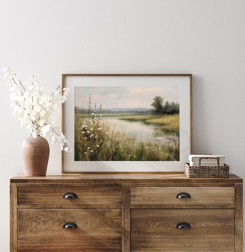 Spring Printable Wildflower Field Landscape Painting, Spring Print Vintage Farmhouse Print Neutra... | Etsy (US)