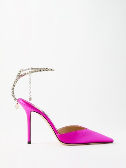 Jimmy Choo - Saeda 100 Crystal-strap Satin Pumps - Womens - Pink Multi | Matches (US)