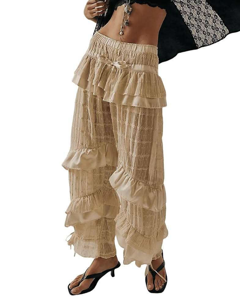 Women Lace Trim Long Bloomers Y2k Ruffle Pettipants Pantaloons Cropped Slip Pants Pajama Bottoms | Amazon (US)