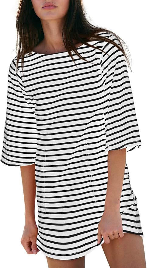 Yousify Women’s T Shirt Dress Cotton Summer Dresses 2026 Casual Loose Short Sleeve Striped Mini... | Amazon (US)