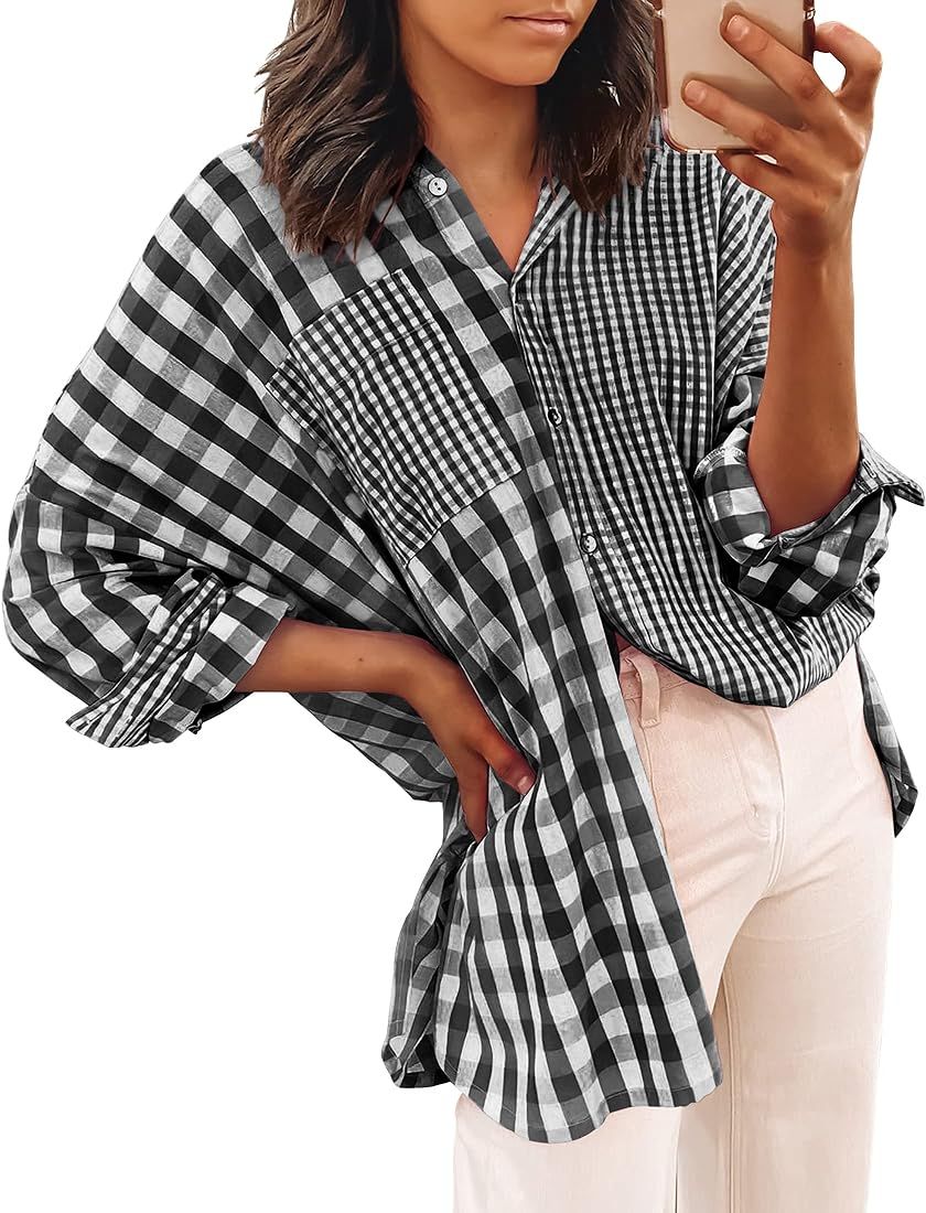 ZESICA Women's Casual Plaid Patchwork Long Sleeve Button Down Oversized Shirt Blouse Top | Amazon (US)