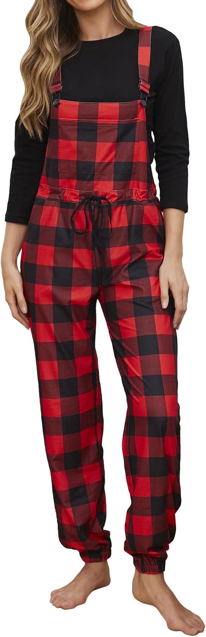 Womens Buffalo Plaid Pajama Overalls Christmas Loungewear Pjs | Amazon (US)