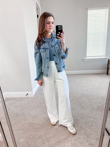Loving these Amazon bodysuits - not too tight, soft, full coverage, fit true to size | denim jacket, pull on Sloane tailored pant, sneakers 

#LTKstyletip