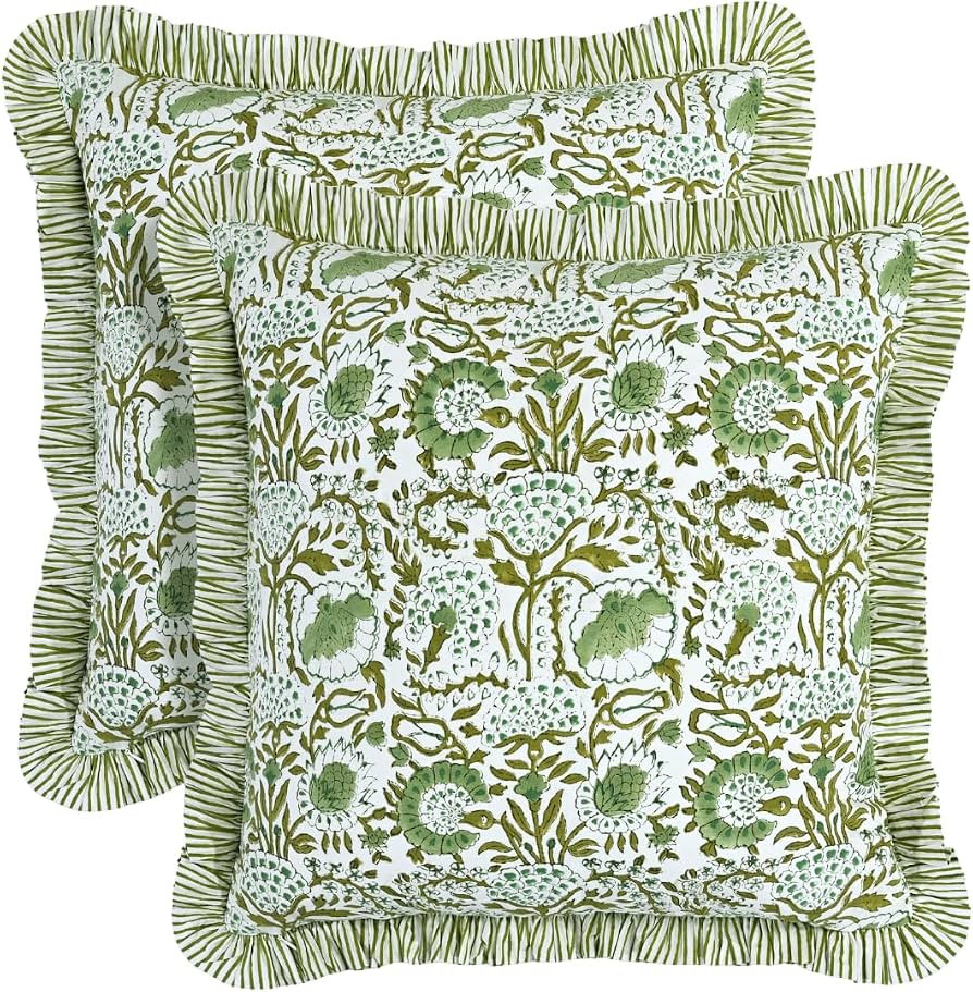 CPC Block Print Ruffle Throw Cover Agate Green 20"x20" Inch Pack of 2-100% Cotton Ruffle Couch De... | Amazon (US)