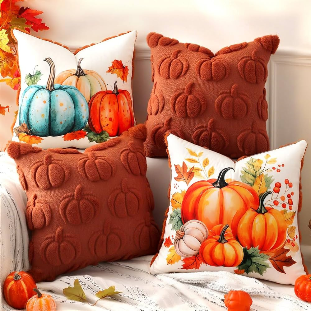 TOYPOPOR Fall Decorations, 2 Packs Double Sided Throw Pillow Covers, Rust Red Soft Faux Fur Pumpk... | Amazon (US)