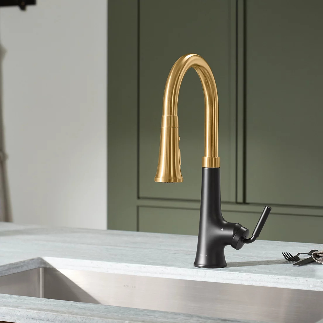 Semi-professional kitchen sink faucet with three-function sprayhead | Kohler