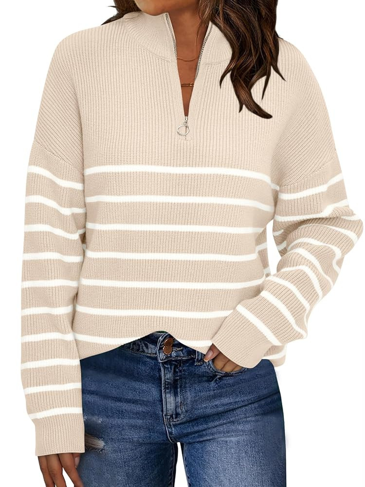 LILLUSORY Women's Quarter Zip Striped Oversized Sweater 2025 Mock Turtleneck Fall Fashion Outfit | Amazon (US)